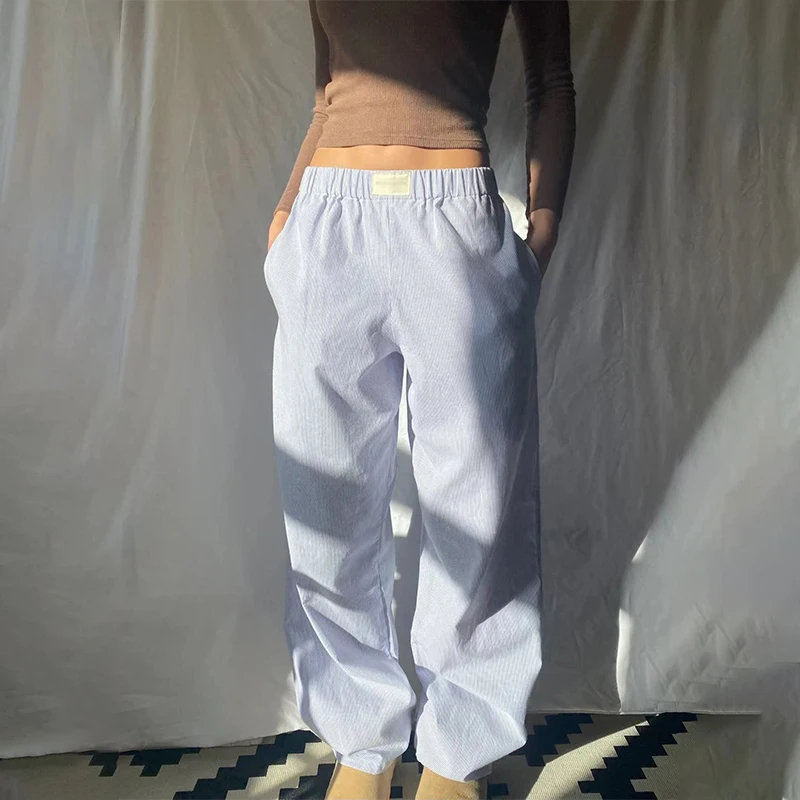 Nova moda listrado impressão calça longa feminina cintura elástica cordão calças de perna larga moda casual algodão famale calças retas