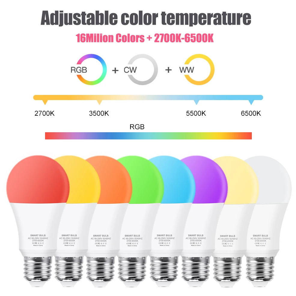 15W WiFi สมาร์ทหลอดไฟ LED E27 LED RGBCW สมาร์ทหลอดไฟควบคุมเสียงผ่าน Google Home Tuya Smart Life APP Alexa RGB 110-220V