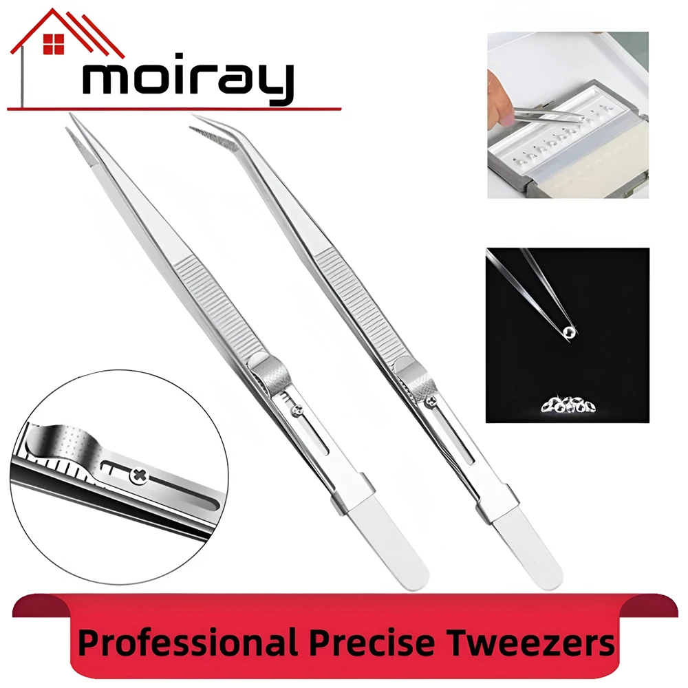 16CM High Precision Stainless Steel Jewelry Tweezers Sandblasting DIY Diamond Gem Jewelry Slotted Buckle Locking Tweezer Tool