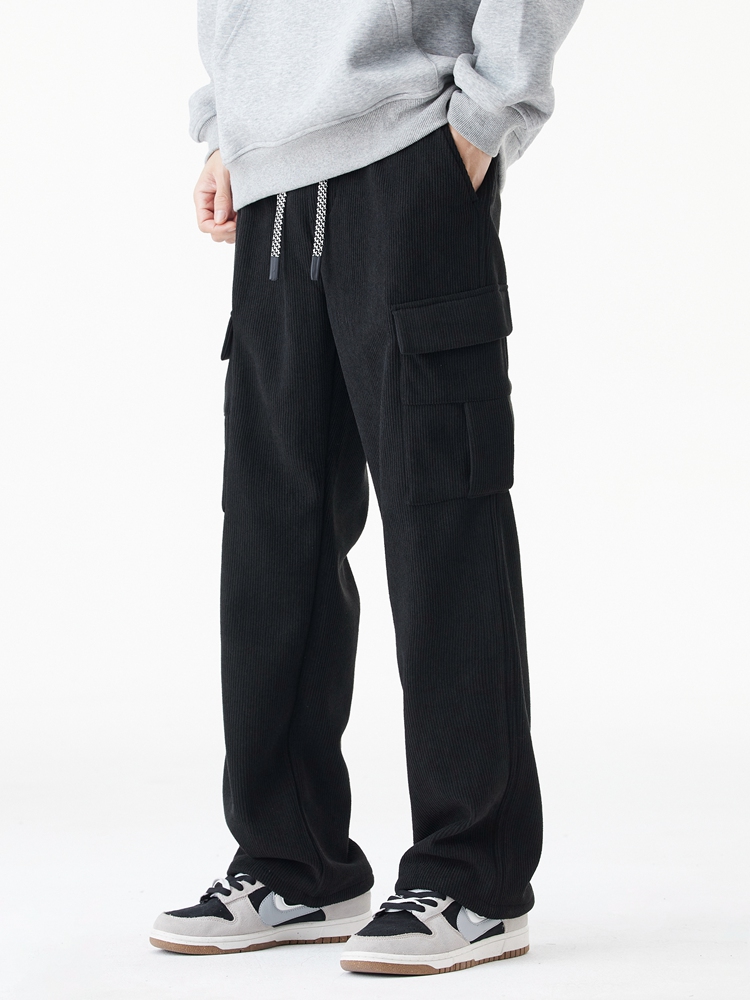 ฤดูหนาว Corduroy Sweatpants ผู้ชายหลายกระเป๋าขนแกะถักกางเกง Cargo Thicken WARM Casual หลวมตรงกางเกงชาย