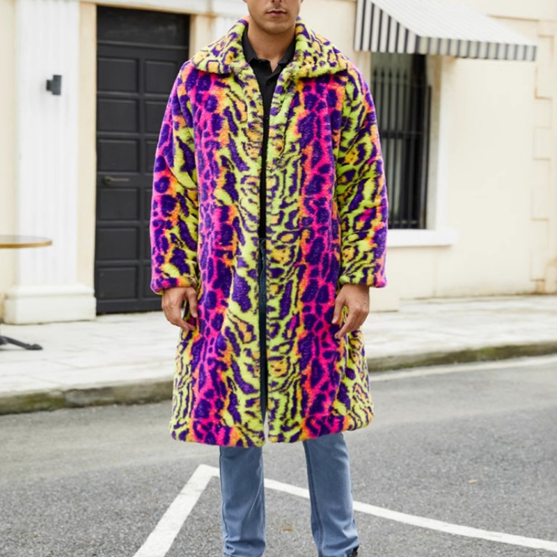 Kontrastierender Mantel aus Kunstpelz mit Leopardenmuster, warmer Herbst- und Wintermantel für Herren