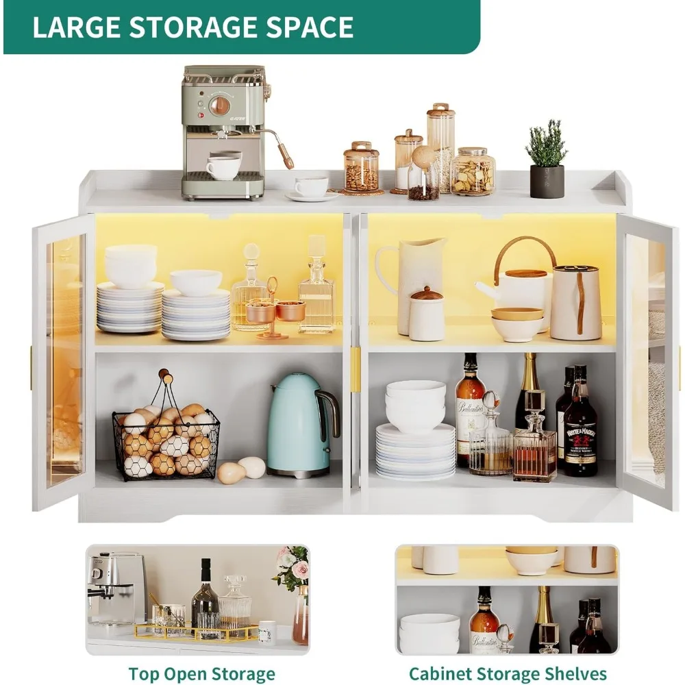 Home Bar Cabinet w/LED Light,  55'' Liquor Cabinet with 4 Doors,  Coffee Bar Cabinet with Adjustable Shelves