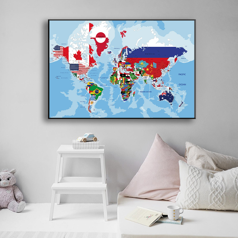 英語のキャンバス絵画の世界地図、創造的な壁の芸術、ポスター、オフィス、学用品、教室、家の装飾、60x40cm