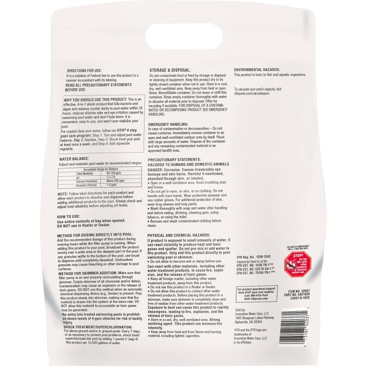 HTH 52037R Pool Care Shock Advanced, Swimming Pool Chemical - Cal Hypo Formula, Prevents Bacteria & Algae, Restores Crystal Clea