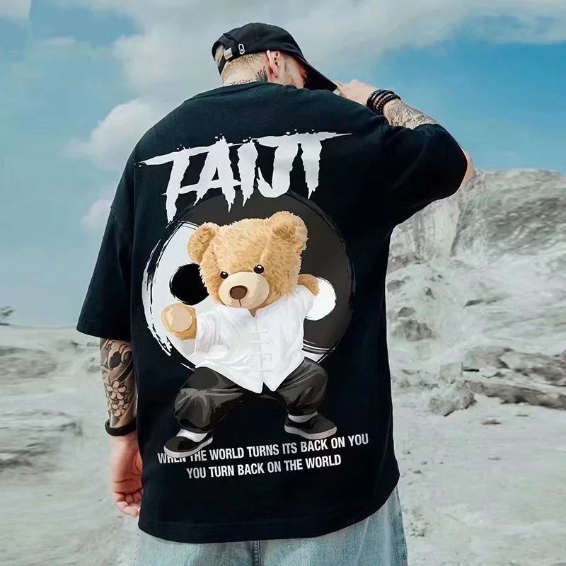 M-8XL camiseta masculina oversized streetwear hip hop solto moda coreano manga curta em torno do pescoço impressão kung fu urso roupas de casal