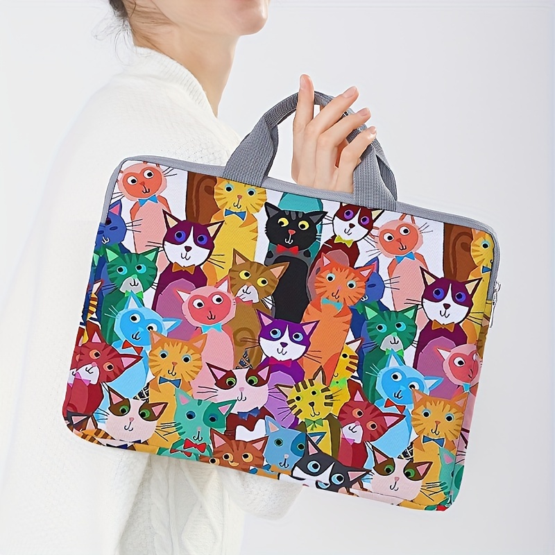 One piece set, two styles, colorful cartoon cat pattern printed laptop bag, briefcase, suitable for 14 inch laptops