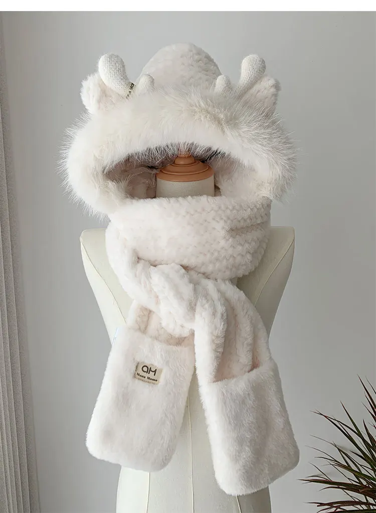 Fashion Elk Antlers Plush Hat Scarf Gloves Women's Winter Ear Protector Thickened Lei Feng Hat Cycling Ski Cap Wind Proof