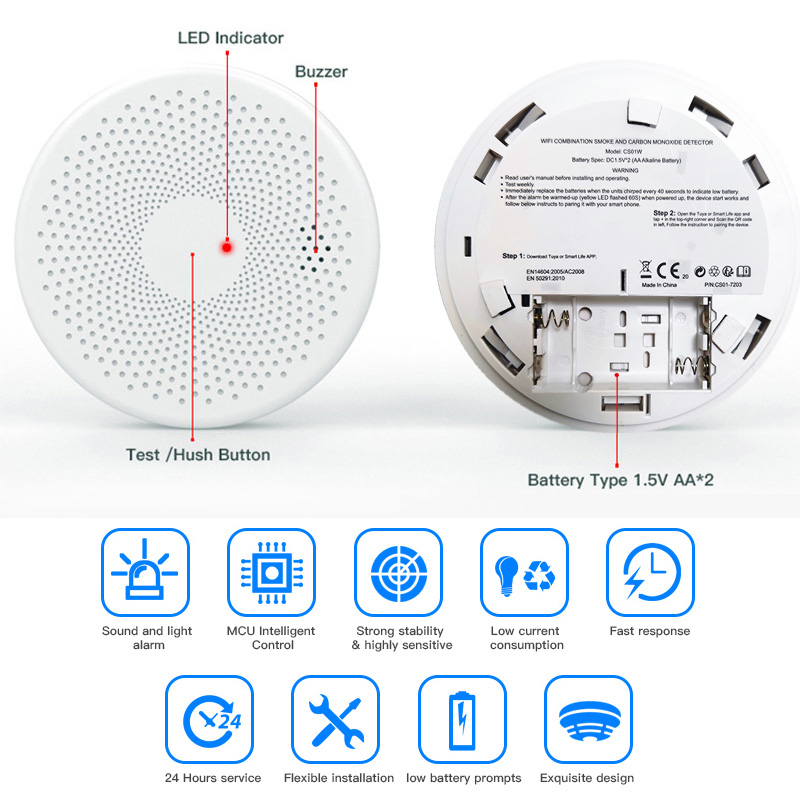 煙と煙のセンサーを備えた2 in 1一酸化炭素検出器,Wi-Fi,スマートライフ,Tuya,家族,キッチン,店舗,火災警報器,警報センサー