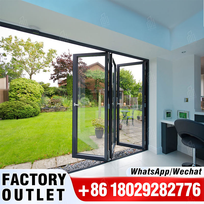 Oscaracso Diseño de puerta plegable Tamaños de aluminio Puerta plegable horizontal y ventanas Puerta plegable lateral de vidrio