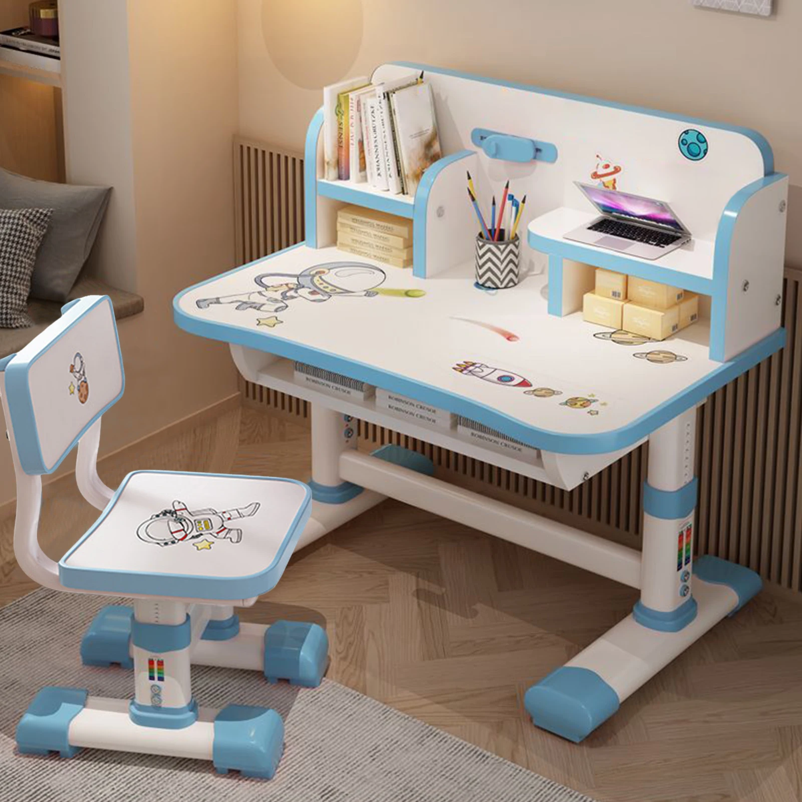 Height Adjustable Children School Study Table Chair Set with Cartoon Pattern, Ergonomic Desk Chair with Large Writing Board