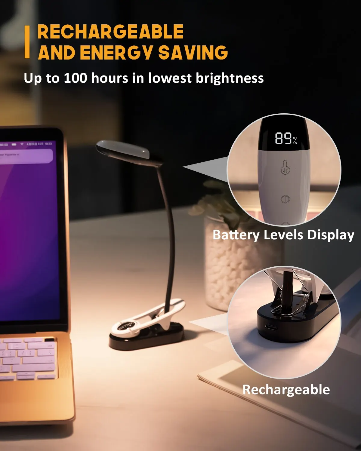 3 Colors 5 Brightness Displays Battery Power Rechargeable Mini LED Reading Light Flexible Easy Clip Night Reading Lamp in Bed