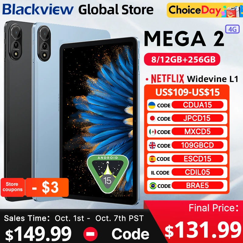 Tablets Blackview MEGA 2 12 polegadas 2K Display Widevine L1 24 GB (8 + 16) Android 15 256 GB 9000 mAh AI Câmera principal Pad PC