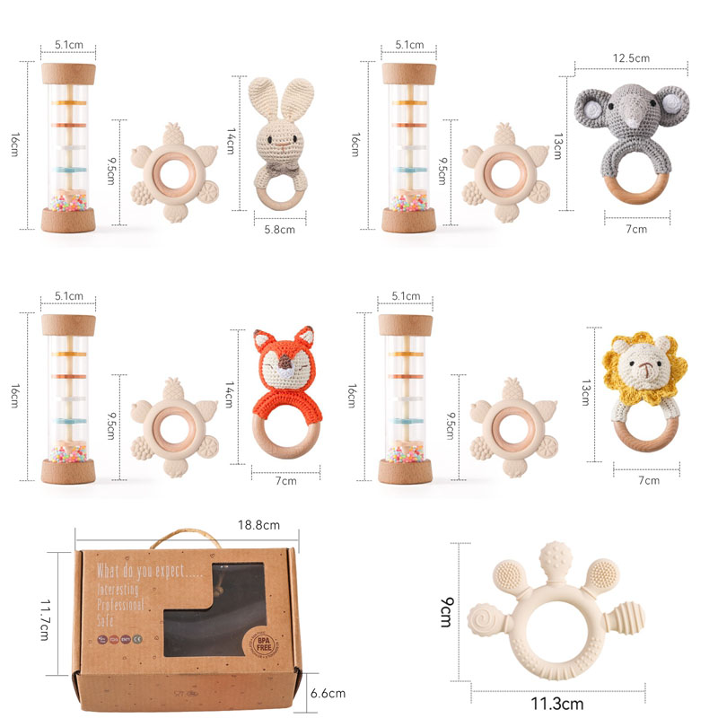 레인보우 모래 시계 딸랑이 장난감 세트, BPA 프리 실리콘 진정 장난감, 크로 셰 뜨개질 동물 나무 팔찌, 치발기 장난감, 3 개
