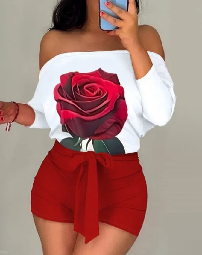 Sexy elegante rozenprint off-shoulder gebonden detail romper nieuwe mode 2024 zomer casual jumpsuits een stukken vrouwelijke kleding