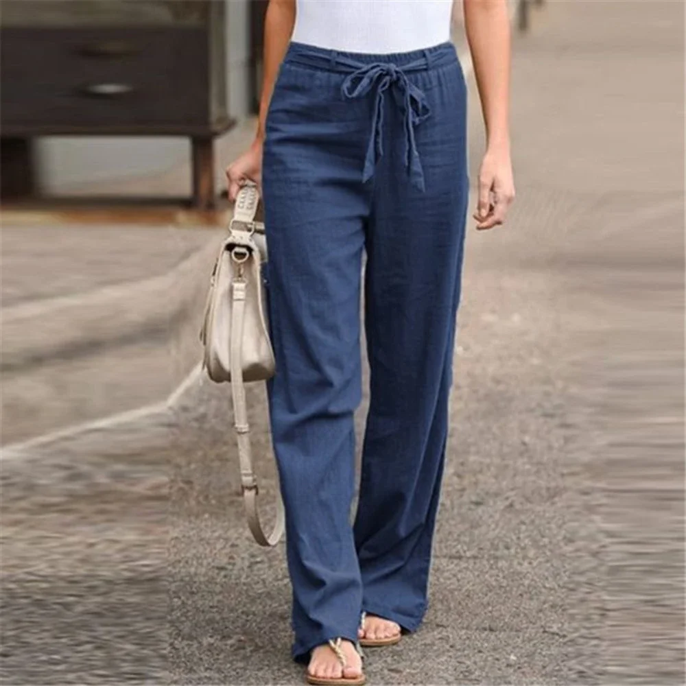 Pantalones de lino y algodón para mujer, moda de verano 2023, Pantalones rectos holgados con cintura elástica, pantalones informales hasta el tobillo de Color sólido para mujer
