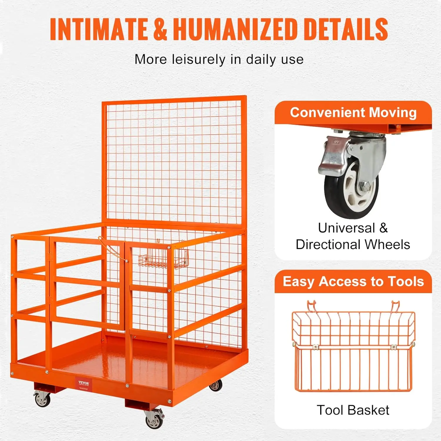 Forklift Safety Cage 43"x45" Forklift Man Basket, 1400lbs Capacity Forklift Work Platform with Safety Harness & Lock Drain Hole