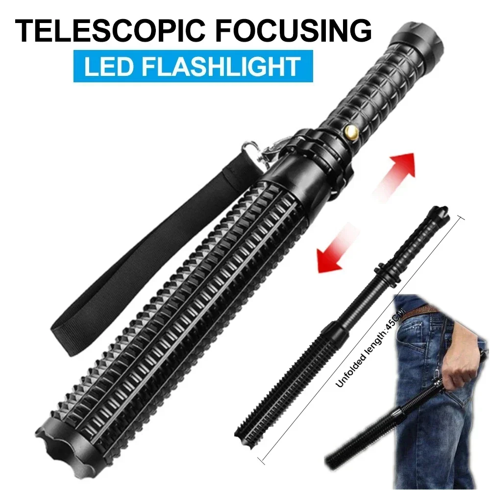 Linterna LED de bate de béisbol, aleación de aluminio, enfocable, con zoom, superbrillante, luz de mazza de autodefensa, bastón táctico, antorcha de emergencia