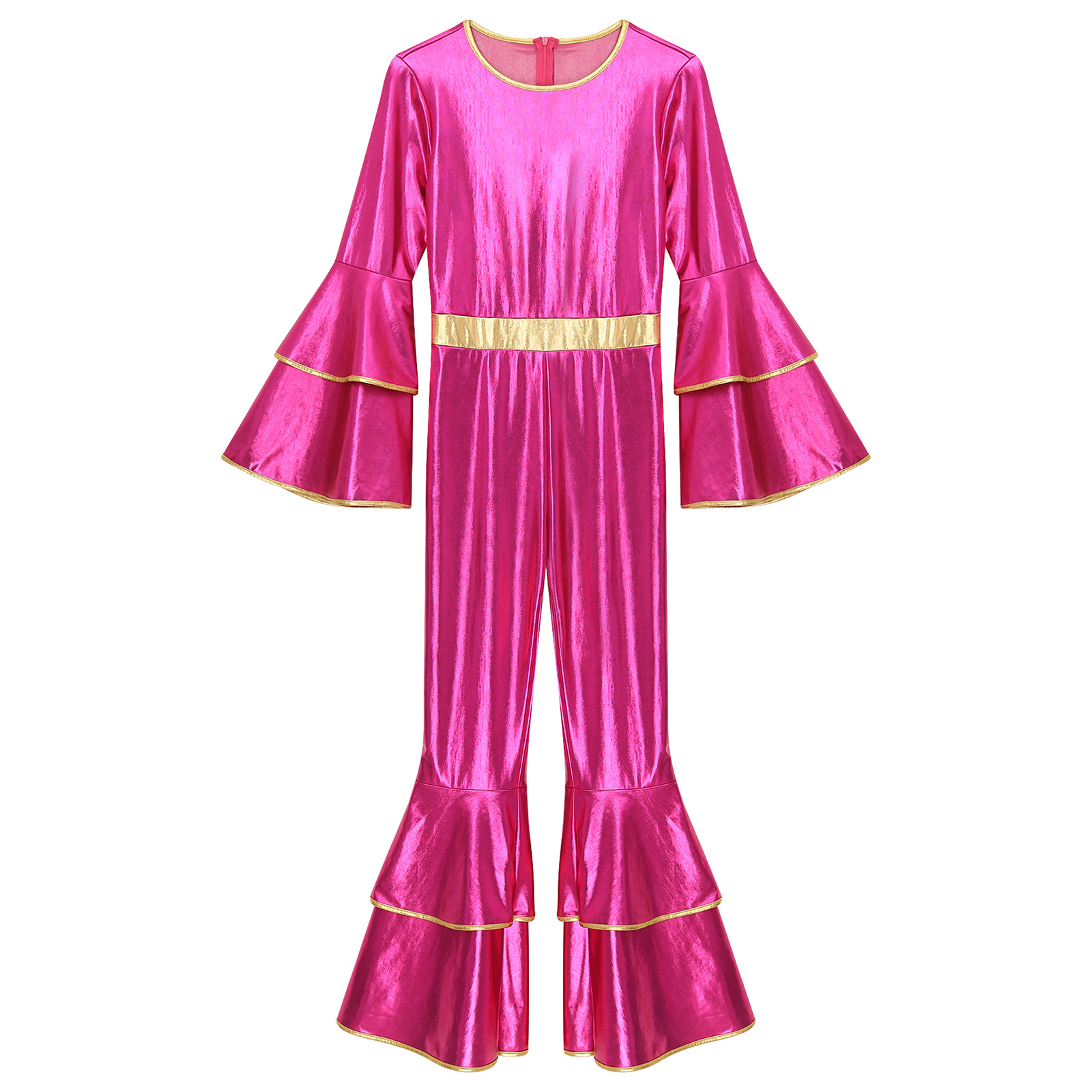 レディース 70S ディスコヴィンテージジャンプスーツメタリック光沢のあるフレアスリーブボディスーツヒッピーベルボトムジャズダンスカーニバルレイブパーティーコスチューム