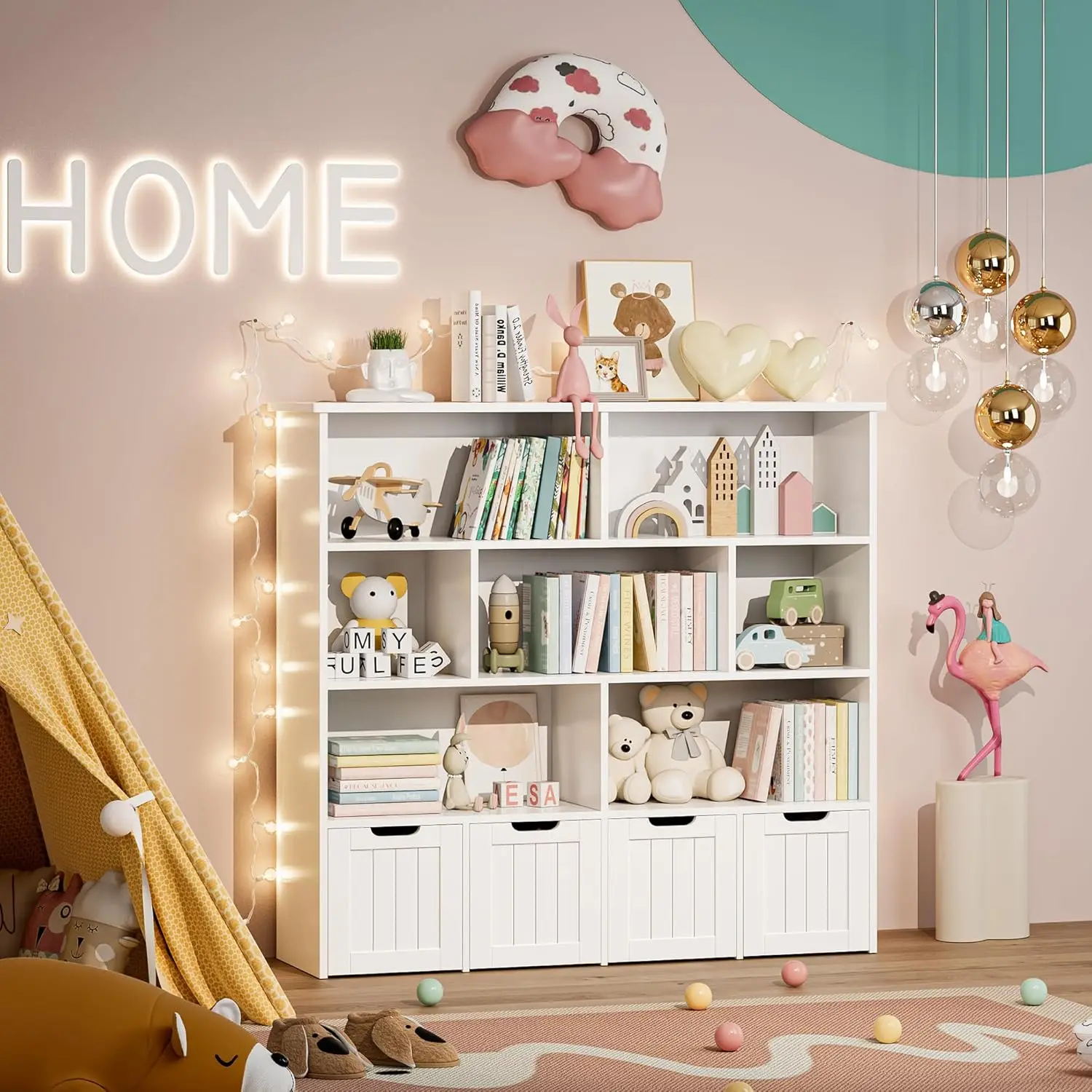 Toy Storage Organizer, Large Toy Organizers and Storage with 4 Movable Drawers and 7 Storage Cubbies, Toy Chest Shelf