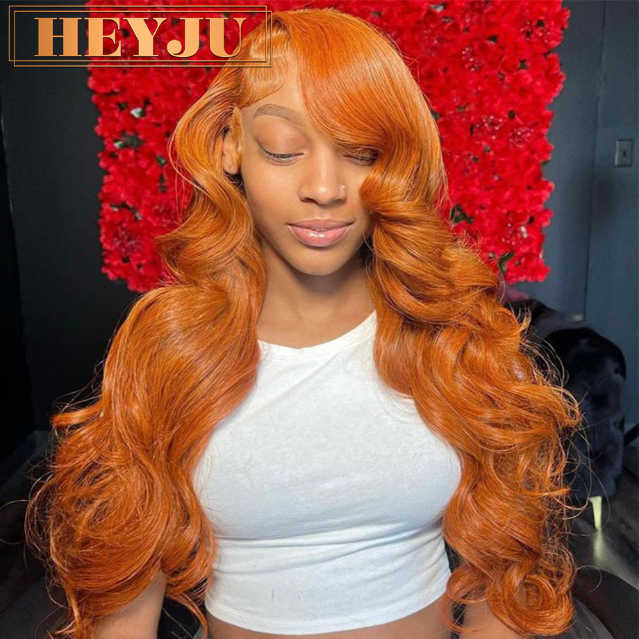Perruque Lace Frontal Wig Body Wave brésilienne naturelle, cheveux humains, couleur Orange gingembre, 13x6, HD, Loose Wave, transparente