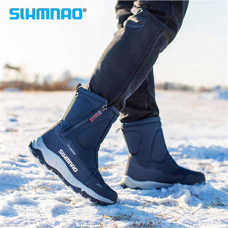Botas masculinas de pesca de inverno, botins de lã de lã quente, à prova de suor e odores, botas de esqui de neve quentes de corte alto + chapéu