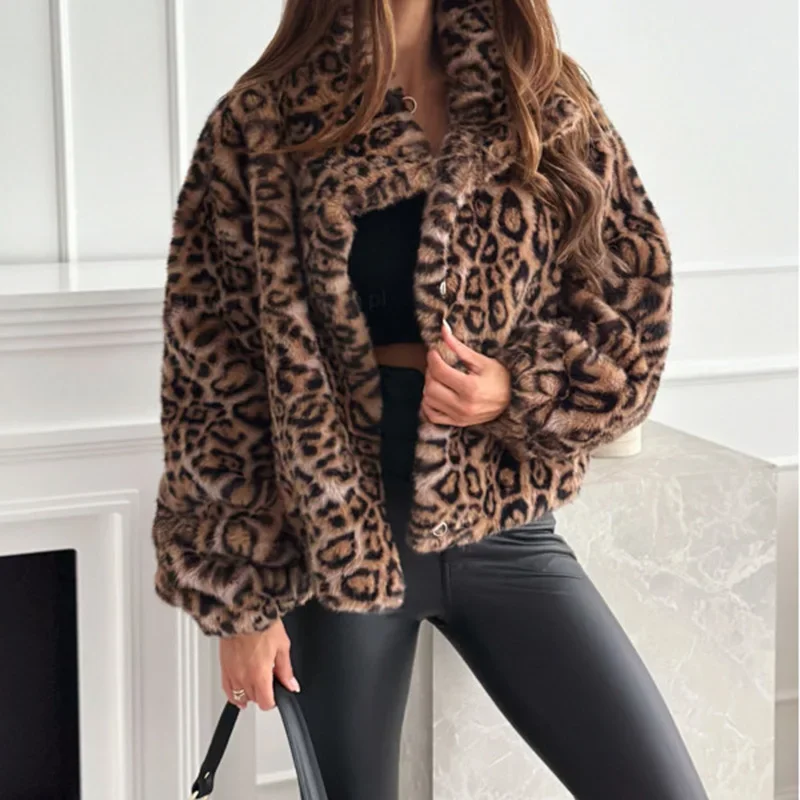 Chaqueta elegante con textura de piel Artificial para mujer, chaqueta corta con estampado de leopardo a la moda para mujer, ropa nueva de otoño e invierno 2024