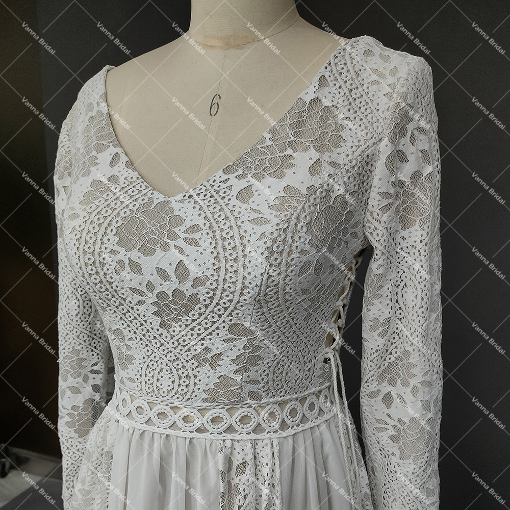 Hippie Boho Beach Elopement 백리스 웨딩 원피스, 맞춤형 긴 소매 쉬폰, 빅 사이즈 사진 촬영, V넥 레이스 신부 가운