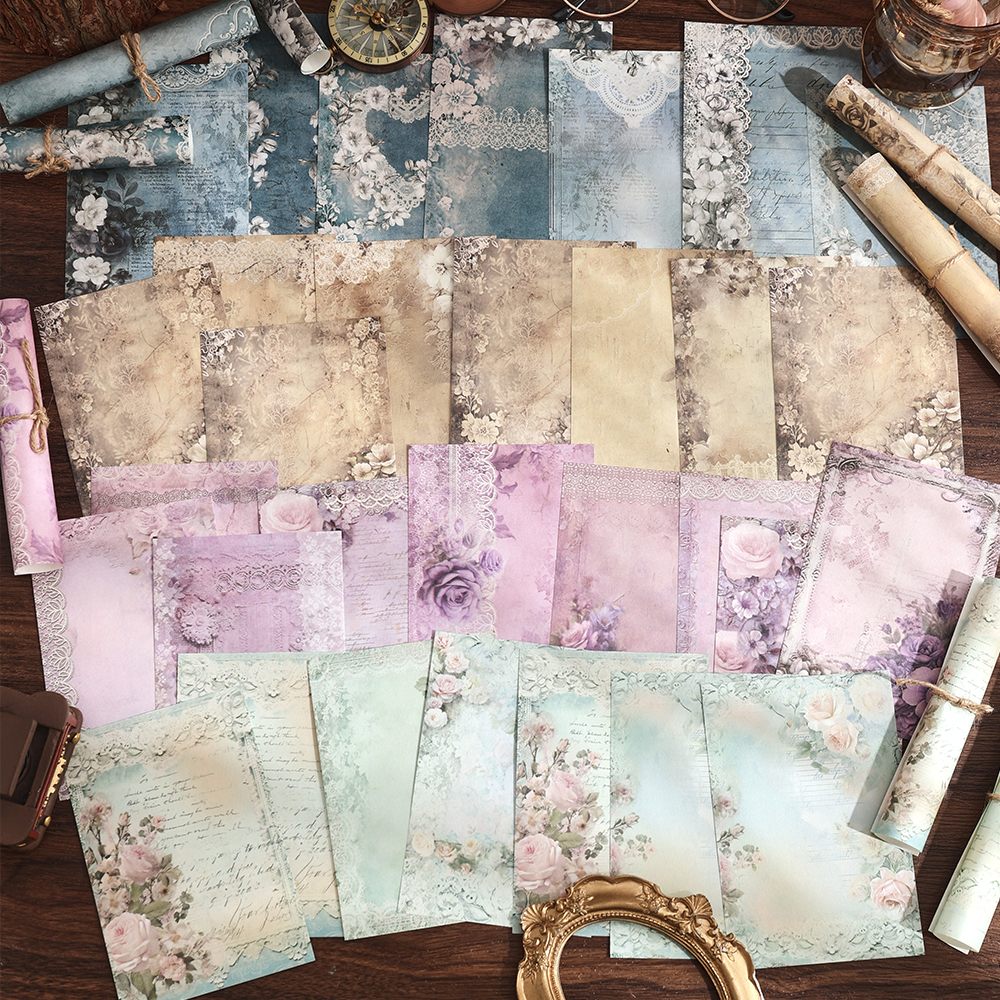 50 hojas de papel para álbum de recortes no pegajoso con flores Vintage, manualidades, diario, decoración de fondo, Material de Collage