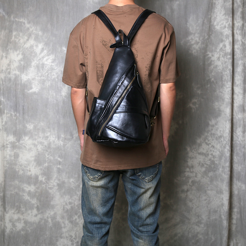 Bolsa de ombro de couro masculino, bolsa tiracolo casual, de camada superior, grande capacidade, mochila de uso duplo, no peito, nova