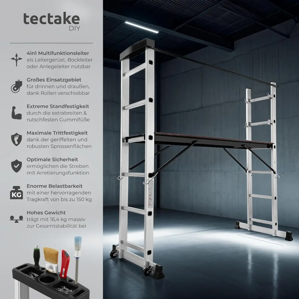 Ladder 4 in 1, Mobile Multipurpose Ladder, Arbeitsbühne, Baugerüst, Alu Gerüst, Rollgerüst mit Arbeitsplattform, Haushaltsleiter