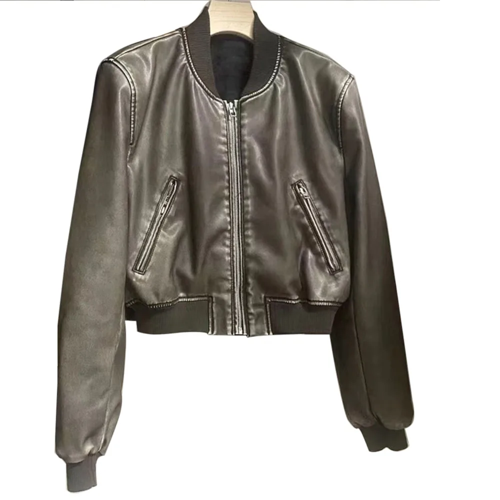 Herbst und Winter neue Leder einfarbig Kurzmantel Retro-Stil kurze Reißverschluss Strickjacke lässig All-Match-Lederjacke weiblich