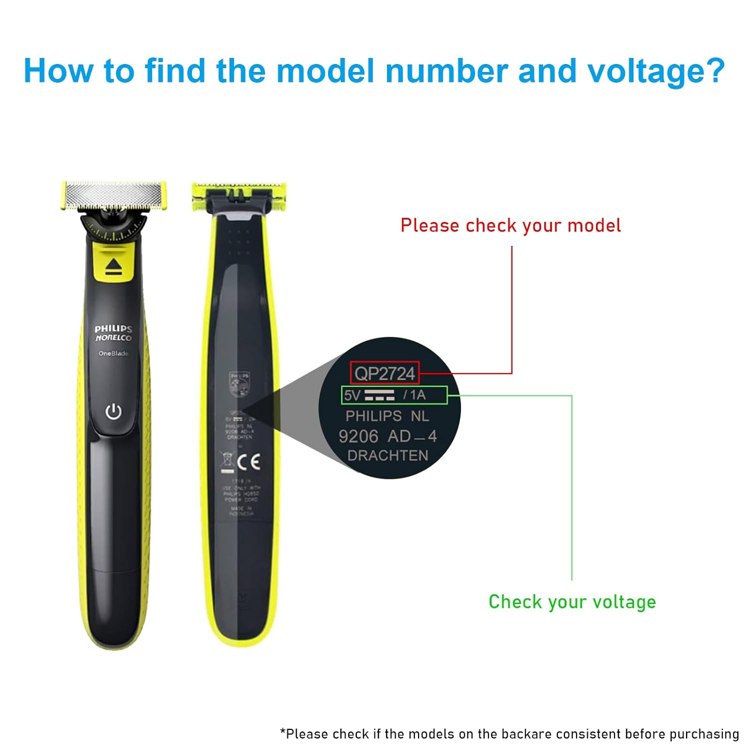 Cabo carregador USB Brangdy 5V compatível com Philips Norelco One Blade QP2724 QP2834 QP1424 QP1324 QP1924 QP4631 Barbeador elétrico