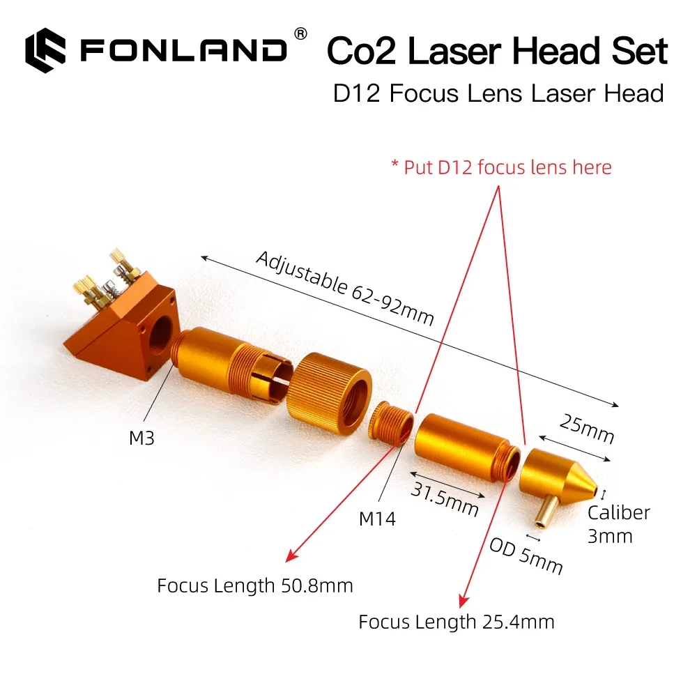 FONLAND K Series CO2 Laser Head Set New Style D12 20mm FL25.4 50.8mm Lens for 2030 4060 K40 Laser Engraving Cutting Machine