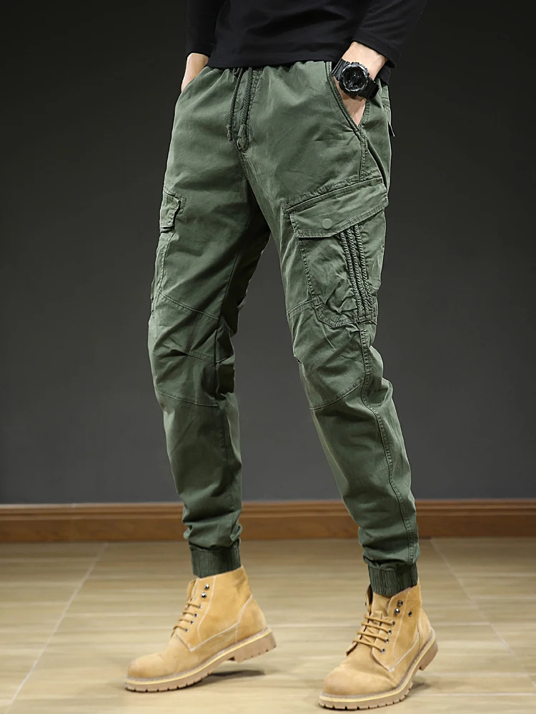 Pantalones Cargo con múltiples bolsillos para hombre, ropa de calle ajustada, informal, de algodón elástico, primavera y verano, 2022