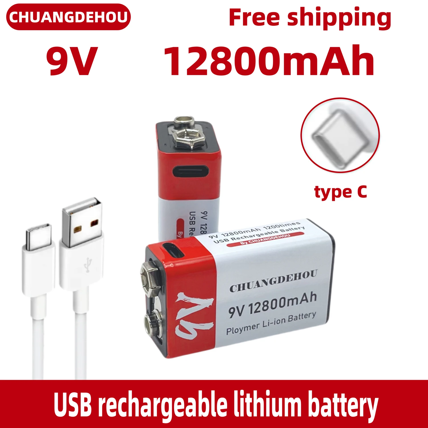 9V Lithium Battery 12800Mah Large Capacity Type-C Fast Charge Red and White Two-Color High-Value Outdoor Emergency/Remote Control Toys/Drone/Camera/Microphone Universal Safe and Durable Hot Model Best-Selling