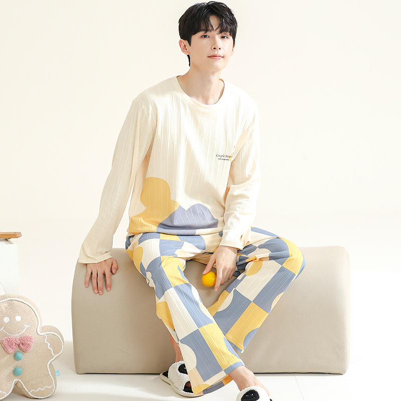 Primavera mangas compridas dormir topos calças pijamas para homens pijamas de algodão terno masculino dos desenhos animados casual casa roupas pjs homme