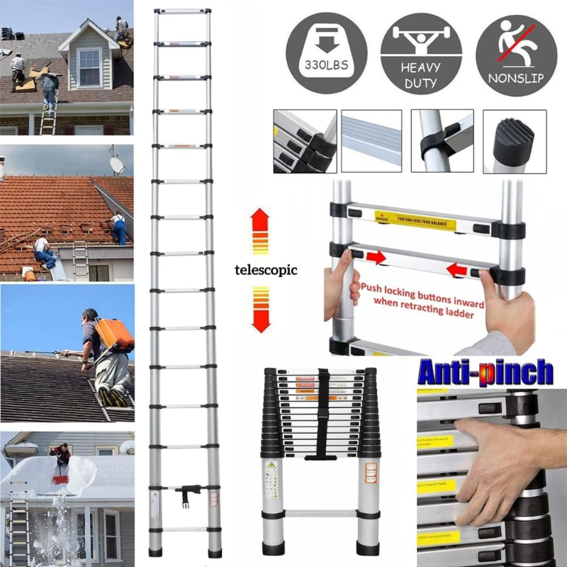 Aluminum Telescoping Portable Extension Ladder - 12.5FT Anti-Slip, Multi-Purpose Lightweight Folding Ladder for Home, Outdoor
