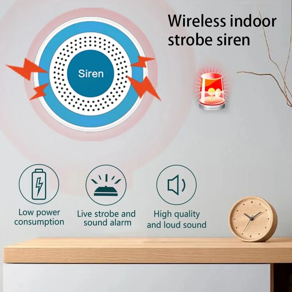 MULO Mini Alarm Siren Wireless 433MHz Sound & Light Indoor strobe siren High Decibel Horn Siren For Home Security Alarm System