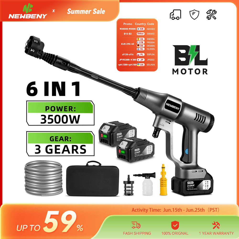 NEWBENY 200 бар бесщеточная электрическая мойка высокого давления 3Gear аккумуляторная машина для чистки автомобиля садовый ирригационный инструмент для батареи 18 В