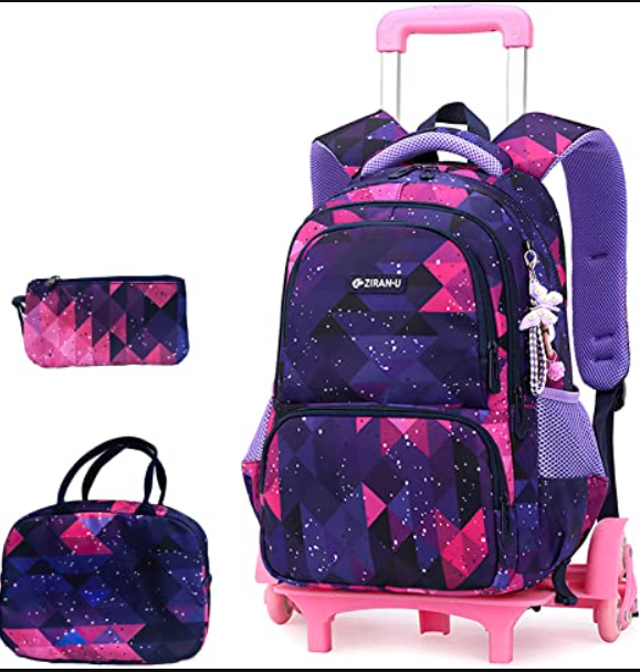 Schule Trolley Tasche Rädern Rucksack für Mädchen Kinder 6 Räder 2 Räder Grundschule Trolley-Set Mittagessen Tasche Stift tasche Für kid