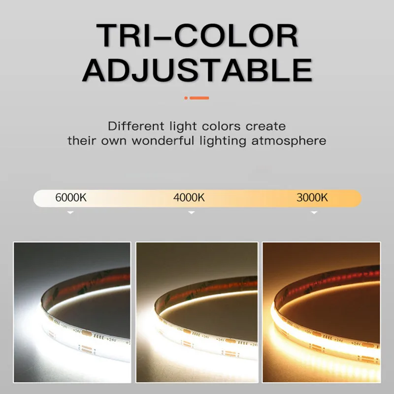 12V 24V DC CCT COB LED Strip Light 2700K-6500K RA90 Dimmable Flexible Dual Color Changing LED Tape Linear Ribbon 5mm 8mm 10mm