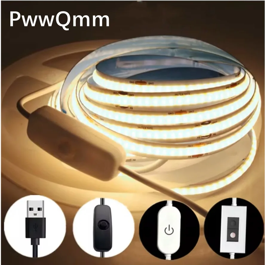 Tira de luces LED COB USB de 5V, 3M, 4M, 5M, atenuación lineal táctil, cinta de diodo Flexible, iluminación interior, retroiluminación de espejo de TV, decoración de habitación