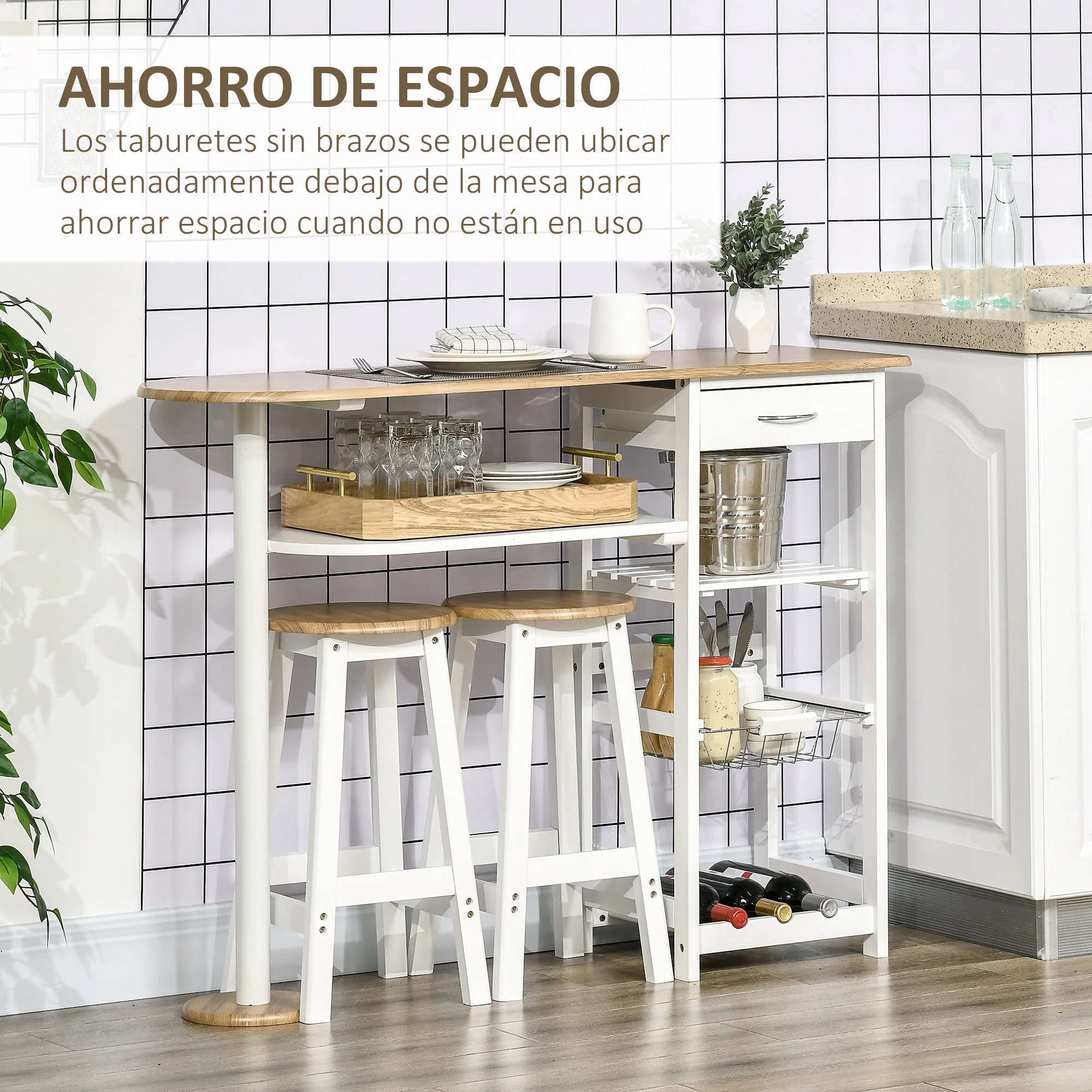 HOMCOM Set de Mesa de Bar de 119x38,5x88,5 cm con Cesta Extraíble y Botellero y 2 Taburetes de 29x29x55 cm Blanco