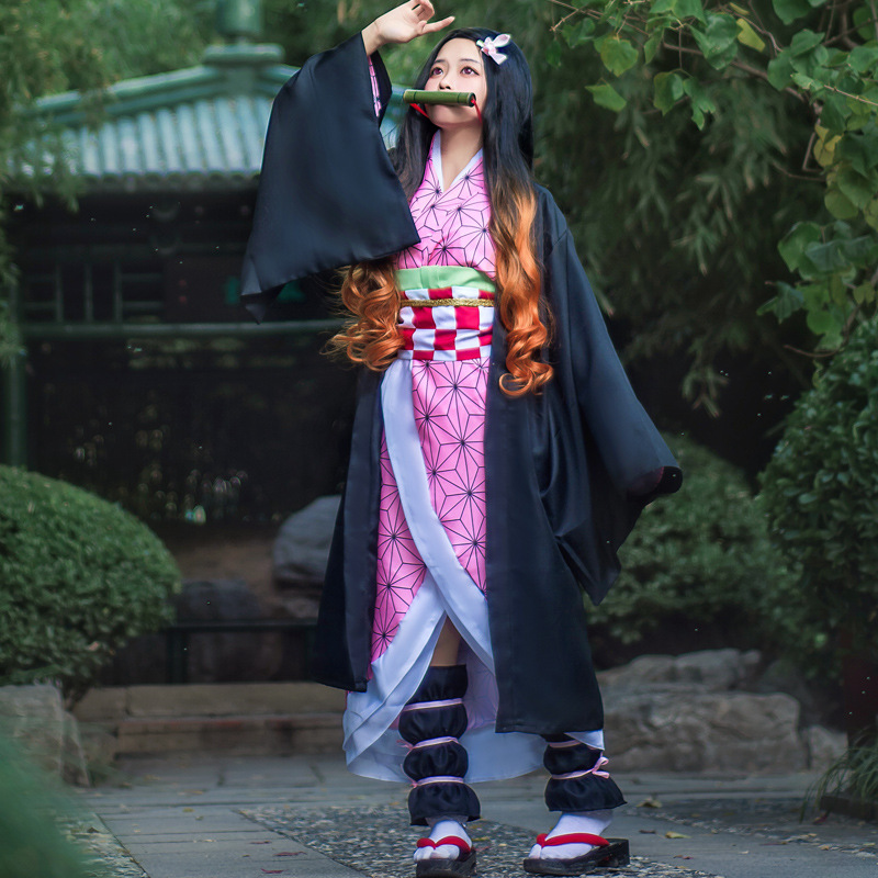 Anime Demon Slayer Cosplay Traje para Mulheres, Nezuko, Kimetsu No Yaiba, Kamado, Peruca, Uniforme, Roupas, Meninas