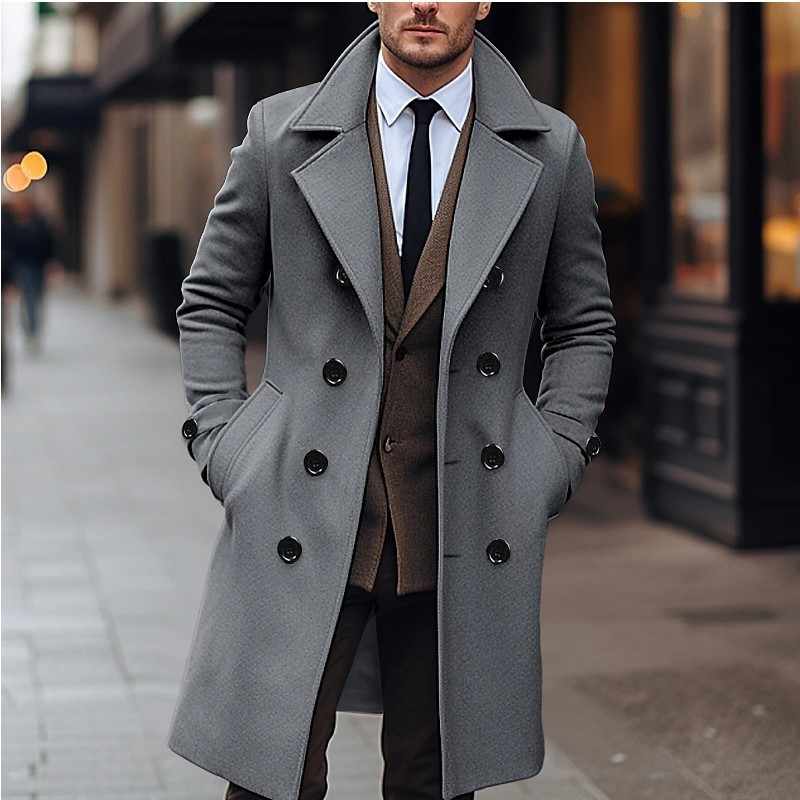Abrigos de lana para hombre de otoño e invierno, gabardina larga de lana con doble botonadura a la moda informal de negocios, abrigo de mezcla de lana estilo inglés para hombre