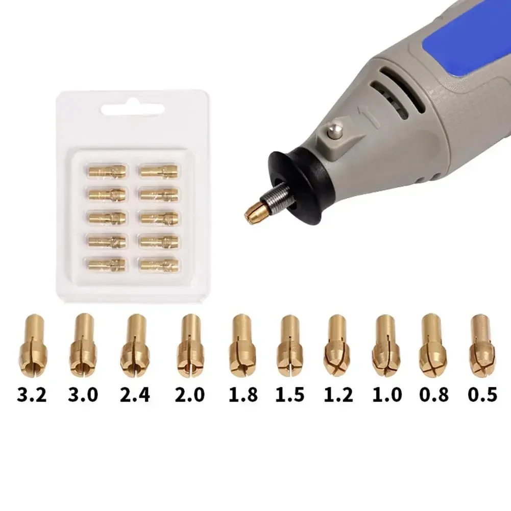 10 sztuk/zestaw Adaptery do uchwytów wiertarskich 0,5 mm-3,2 mm Mini uchwyty wiertarskie do Dremel Adapter uchwytu Mikro tuleja zaciskowa mosiężna do elektronarzędzi obrotowych