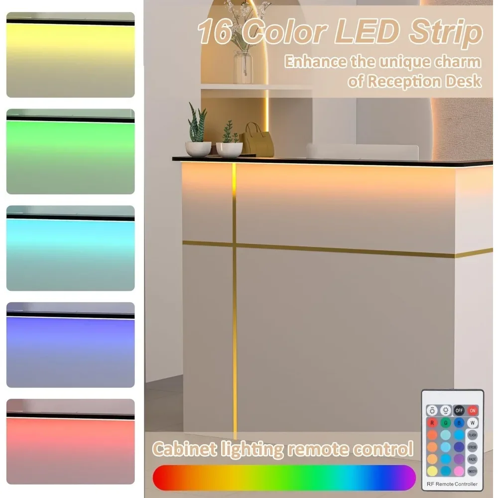 Reception Desk with Counter, Modern Front Table Equipped Lockers & Storage Shelves, 50-inch Checkout Counter with LED Lights