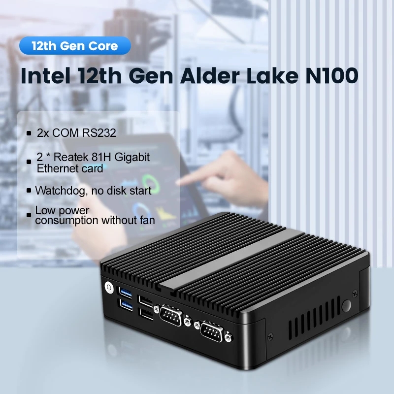 Topton Lüfterloser Mini-Computer der 12. Generation Alder Lake N100 J6413 Quad Core Dual LAN 2*COM NVMe Windows 11 3x4K UHD HTPC Industrie-PC