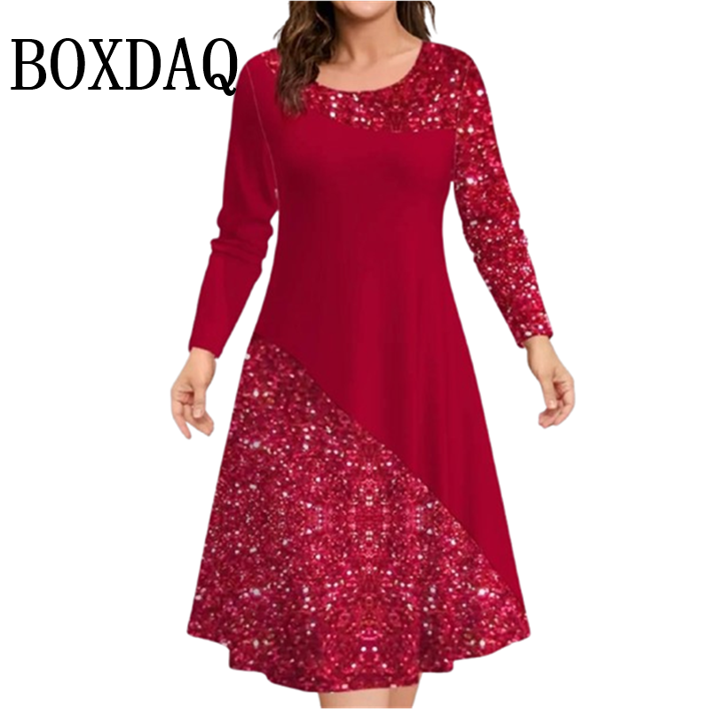 秋冬新レディース膿サイズカジュアルドレス 9XL ファッションラウンドネック幾何学プリントルーズ長袖 A ラインドレス Vestidos