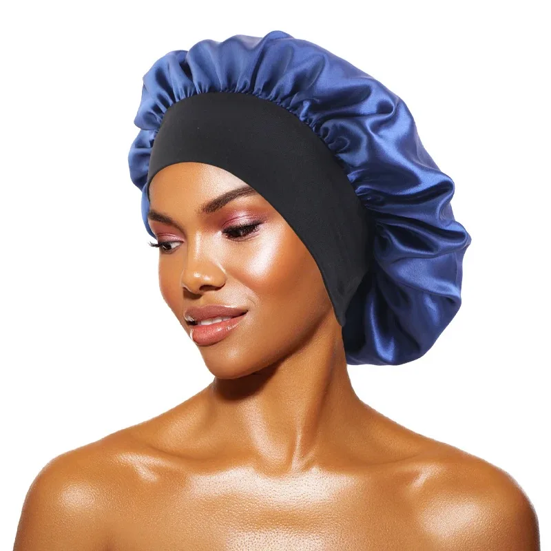 Gorro feminino de cetim sólido, aba larga, noite, dormir, banho, unissex, envoltório de cabeça, elástico, cuidados com os cabelos